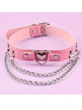 Leather Choker Collar Necklace Bondage Sexy Rave Role Play Heart Chains Cosplay